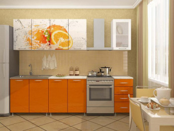 Кухонный гарнитур 1,6м Апельсин (Белый/Оранжевый металлик/Фотопечать апельсин) в Чистоозёрном - chistoozyornoe.mebel54.com | фото